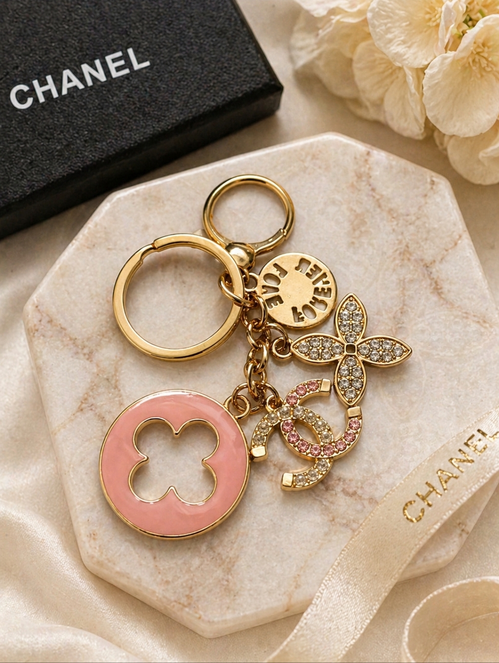 Upcycled Chanel CC Charm Keychain – Pink Enamel & Rhinestone Floral Luxe